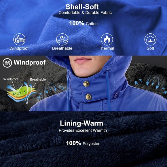 Mens Royal Blue Thick Winter Jacket Hooded Fleece Lined Cotton Military Coat - Picture 3 of 6